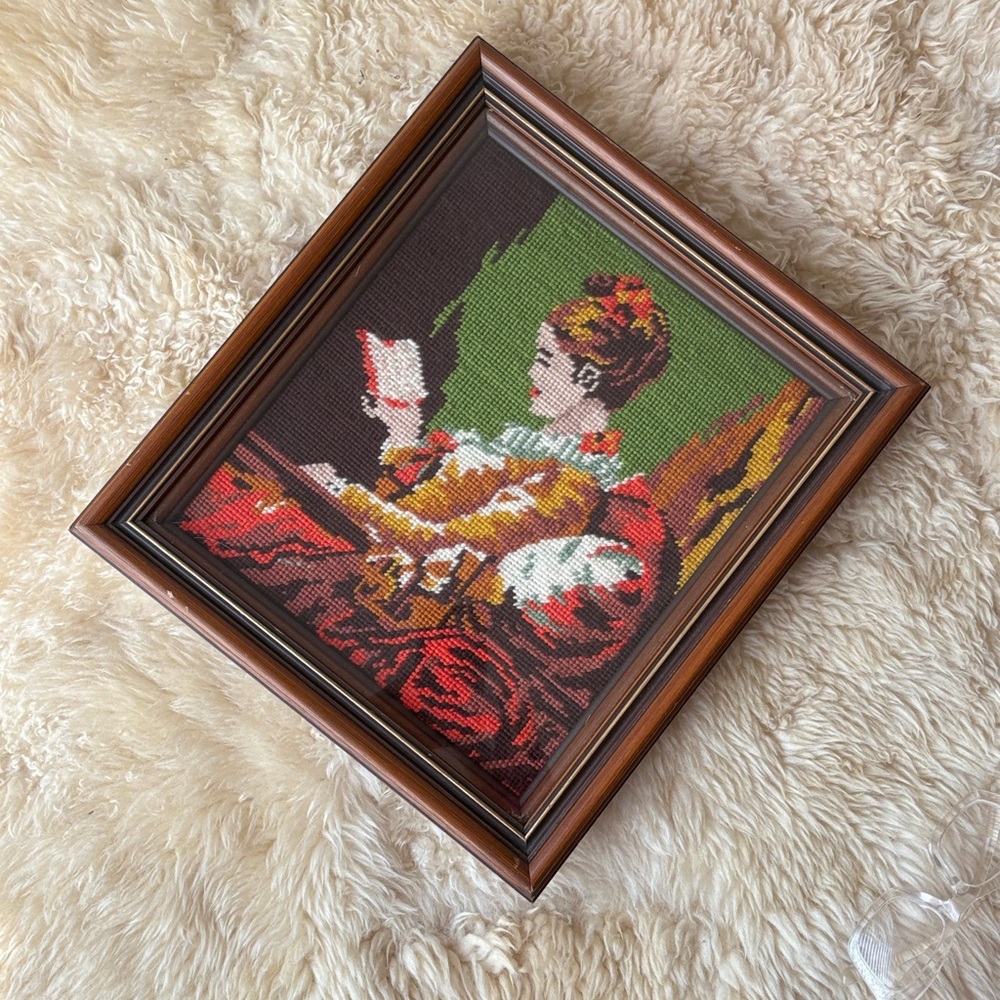 Vintage Needlepoint Art with Wooden Frame Wall Hanging Vintage Home Decor Girl